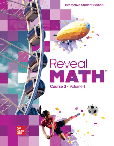 Middle school students working on math problems involving algebraic expressions, rational numbers, and data interpretation using Reveal Math Course 2 and Algebra 1 materials.