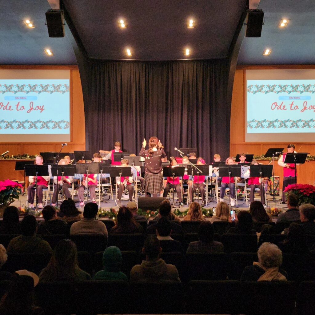 Students singing and playing musical instruments together during a school music class or chapel practice.