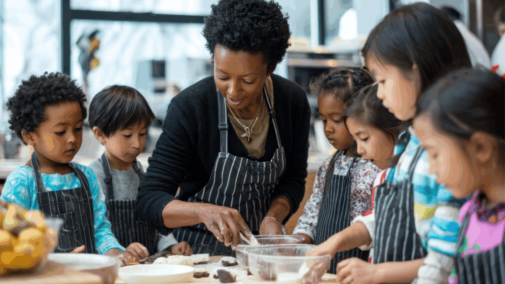 Students participating in a Culinary Arts class, preparing ingredients, cooking simple recipes, and learning kitchen skills in a hands-on environment.