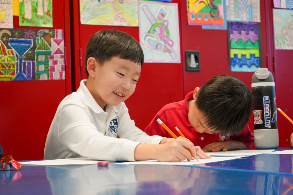 Students in the Campbell Christian Schools art class creating colorful projects and expressing creativity.