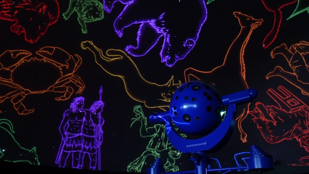 Campbell Christian Schools students watching an immersive space show at the De Anza Planetarium dome.