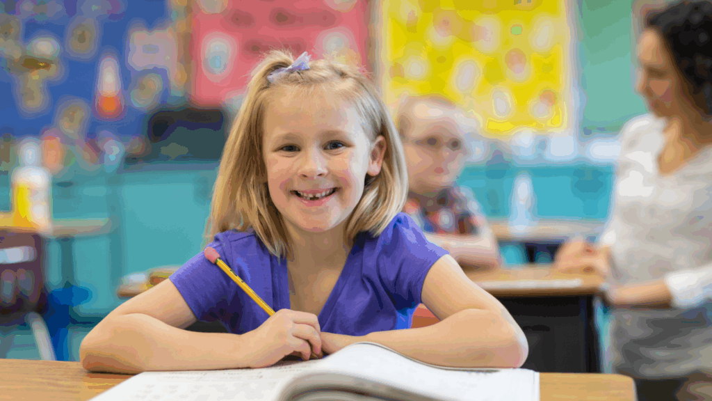First grade students at Campbell Christian Schools engaged in hands-on learning and reading activities in the classroom.