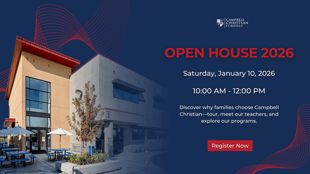 Campbell Christian Schools Open House event with families touring classrooms, meeting teachers, and exploring campus facilities.