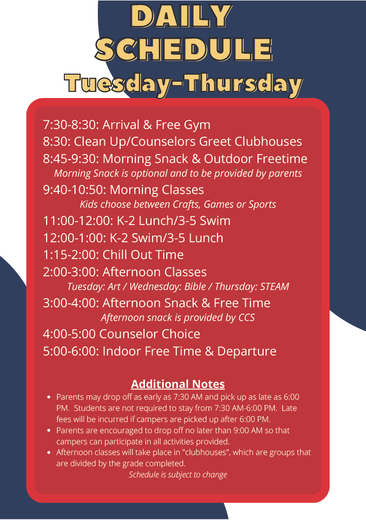 Campbell Christian Schools Summer Program daily schedule for Tuesday through Thursday showing activities and structured learning.