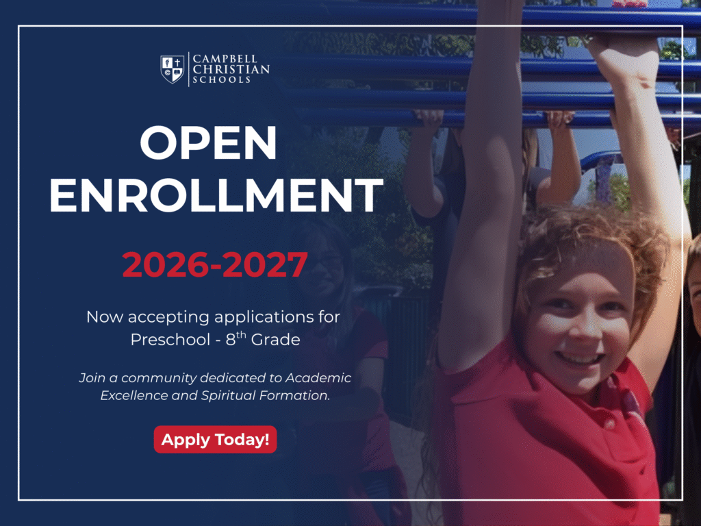 A teacher engaging with elementary students in a bright, modern classroom at Campbell Christian Schools during an open enrollment tour.