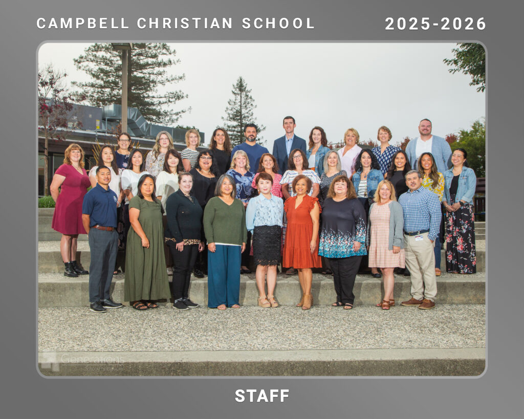 Group photo of Campbell Christian Schools faculty and staff standing together on campus, representing a dedicated team of educators and administrators.