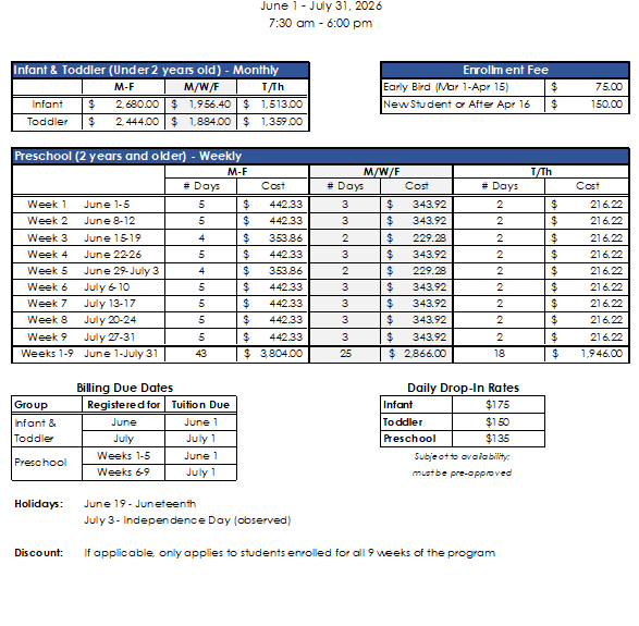 Detailed table showing the 2026 Early Childhood Center summer tuition rates, registration fees, and monthly billing deadlines for Campbell Christian Schools.