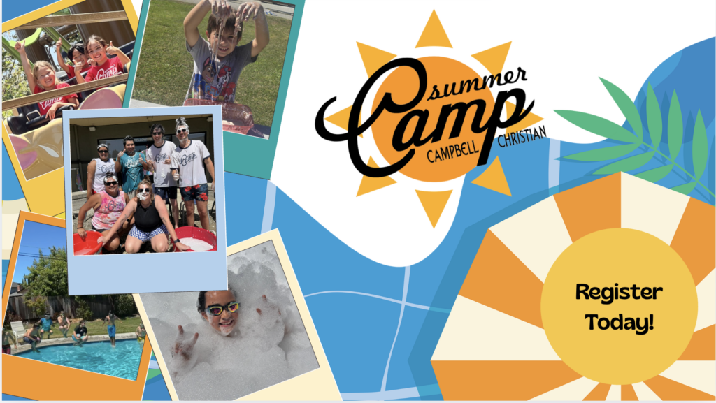 Brightly colored digital flier for Campbell Christian Schools Summer Program featuring the school logo, sun graphics, and the text 'Summer Enrollment Now Open' with kids playing in the background