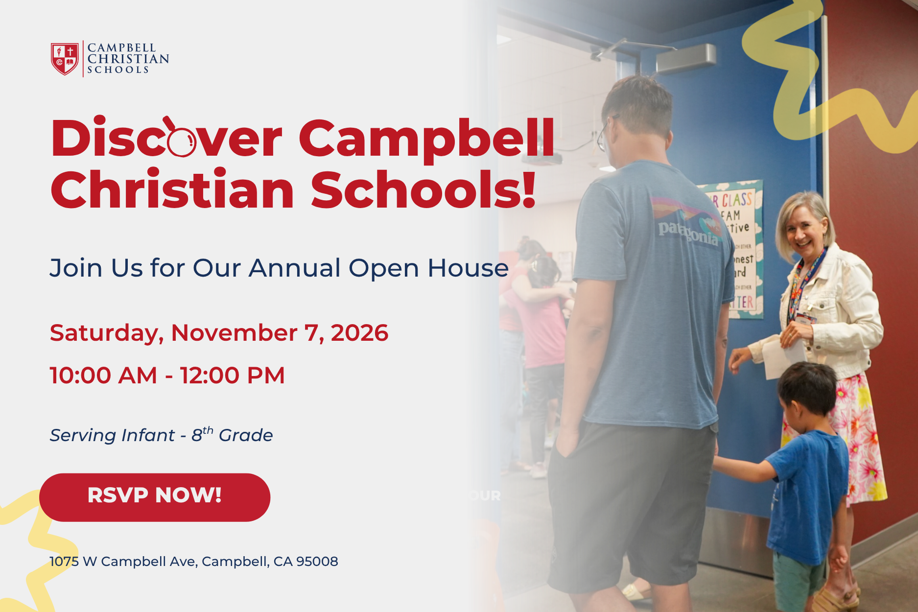 A promotional graphic for Campbell Christian Schools Open House featuring event details, date, time, and campus activities against a colorful background with happy students.